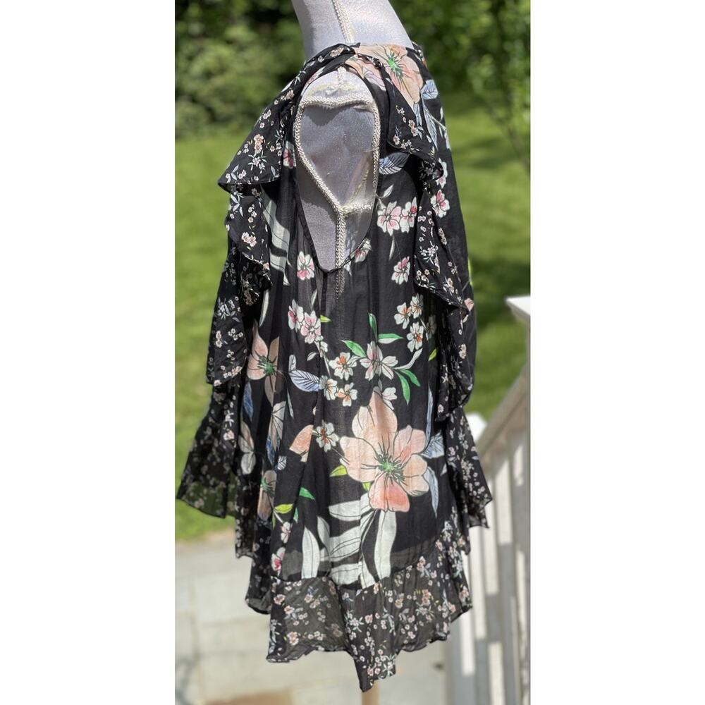 Megan Park Mixed Print Women’s Black Floral Gauzy Cotton Silk Ruffle Shirt Sz M - Picture 2 of 10